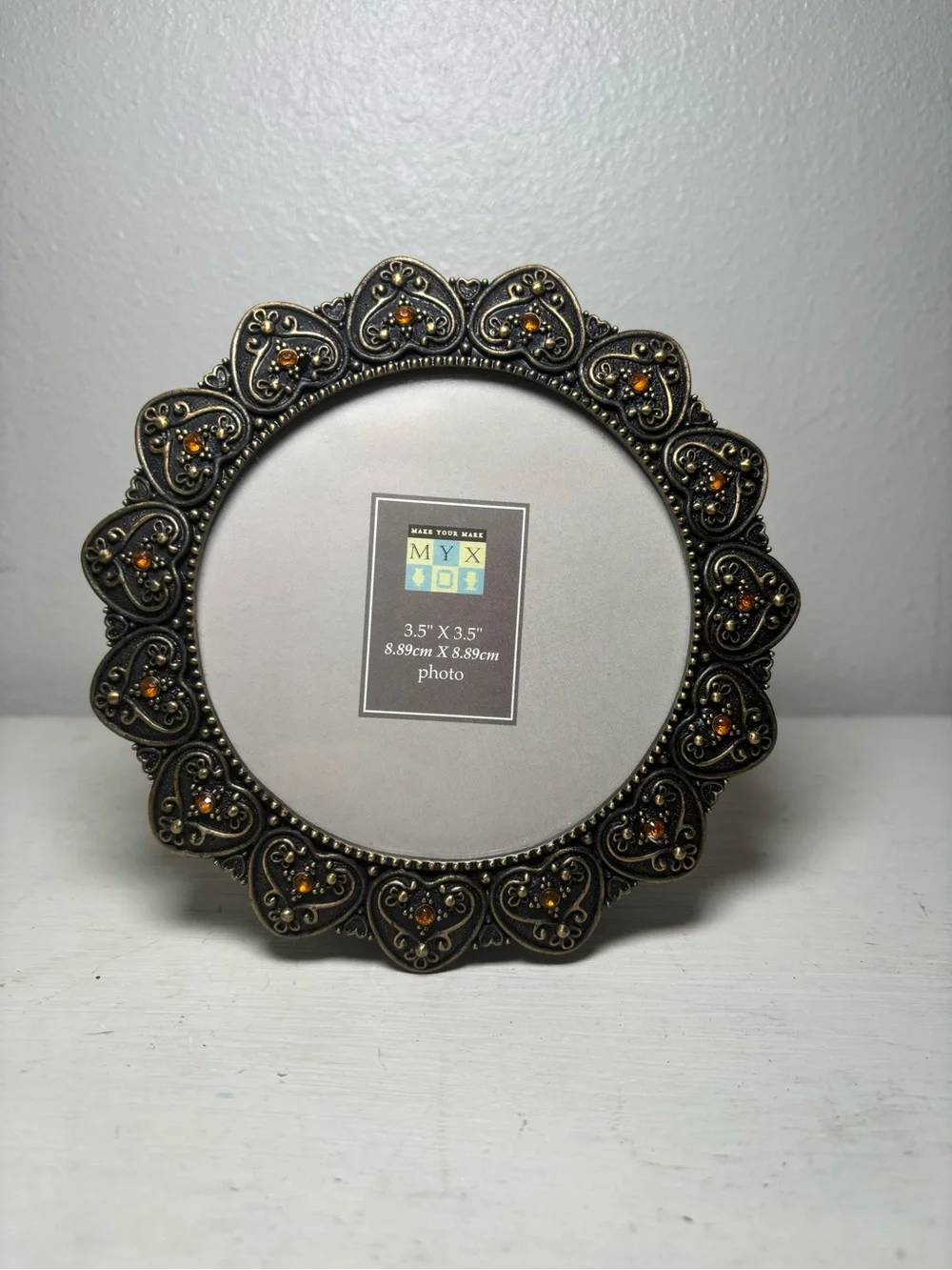 Decorative Round Picture Frame in Antique Bronze with Amber Accents